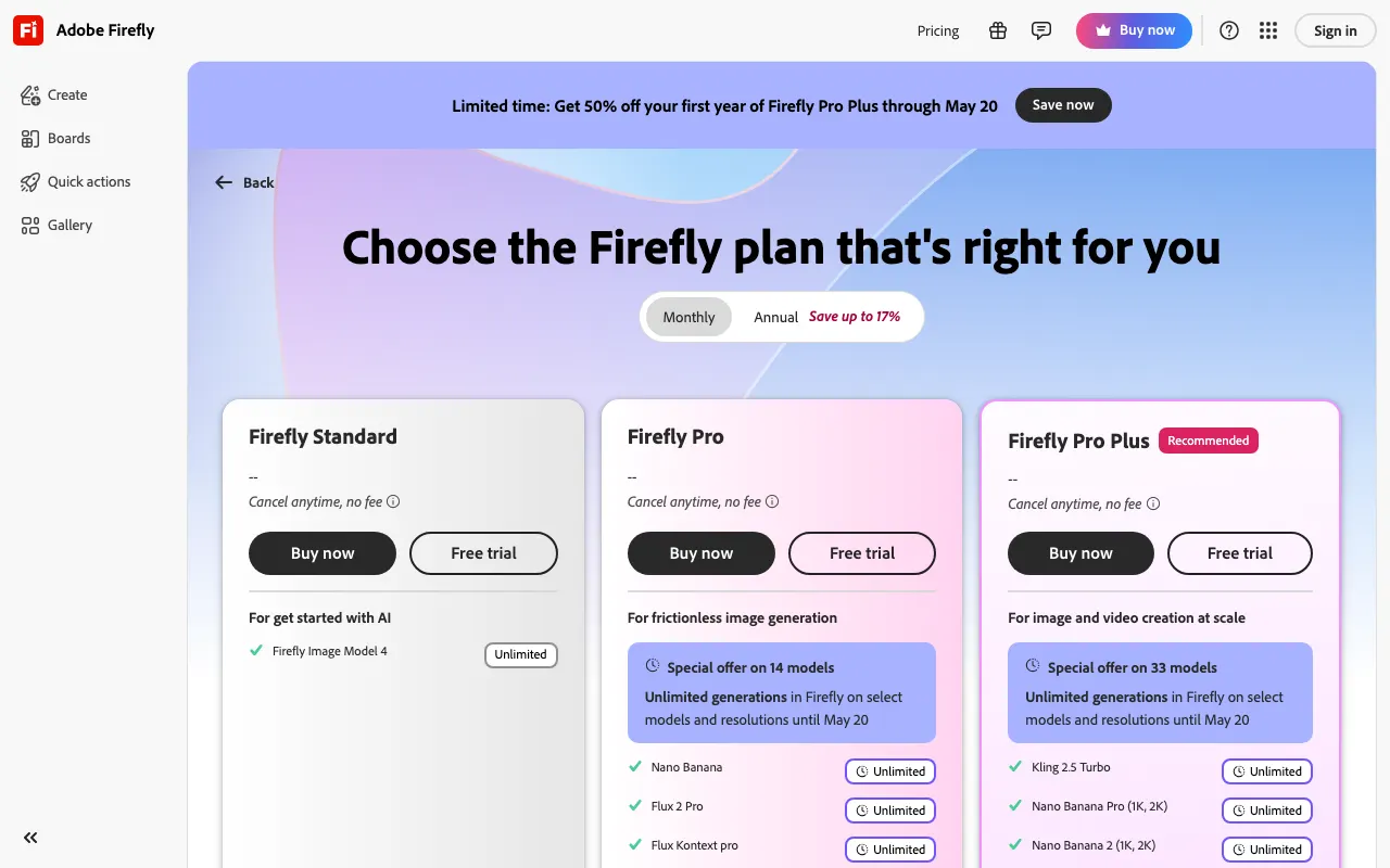 Adobe Firefly pricing screenshot
