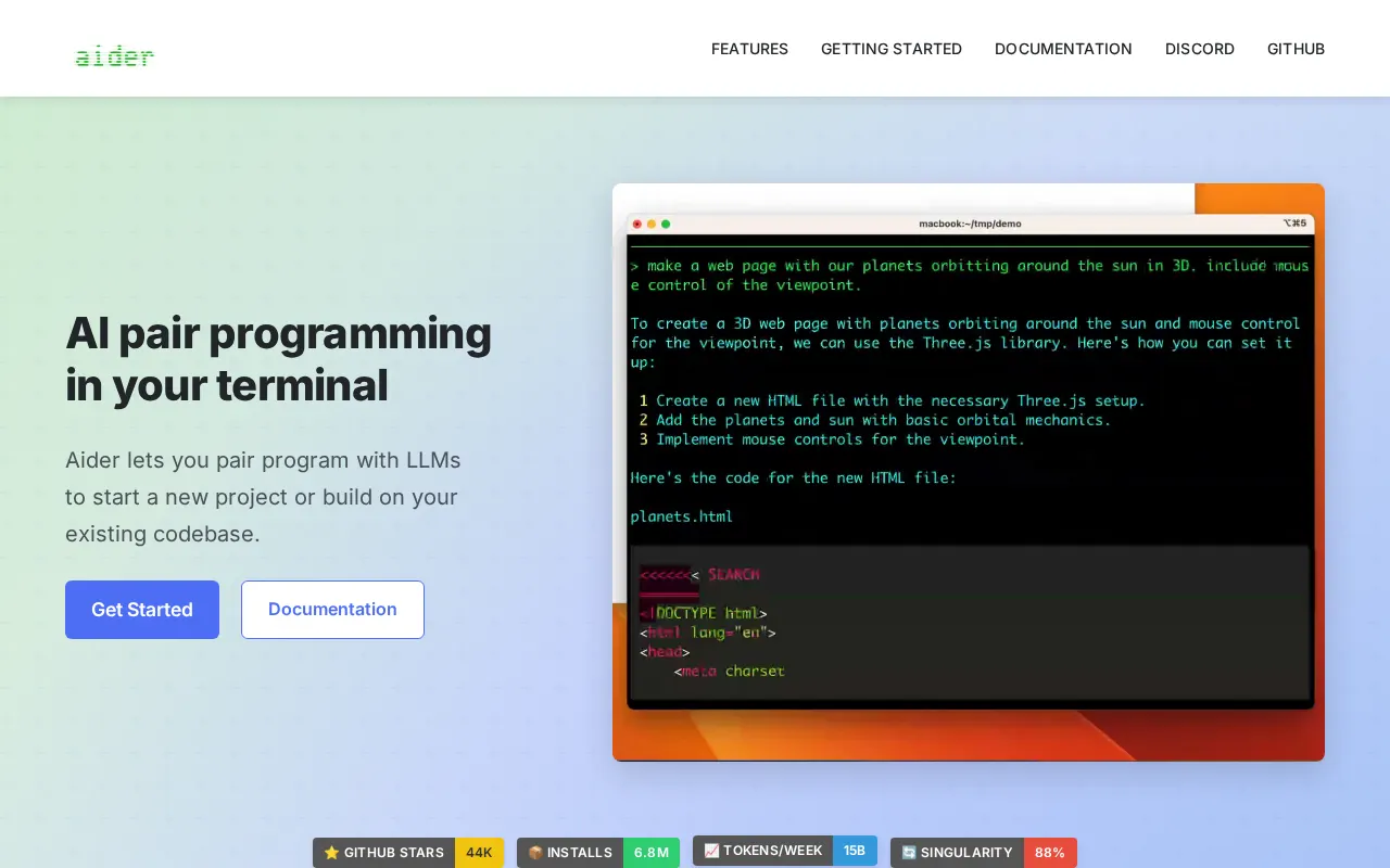 Aider AI-driven assistance interface homepage screenshot 2026