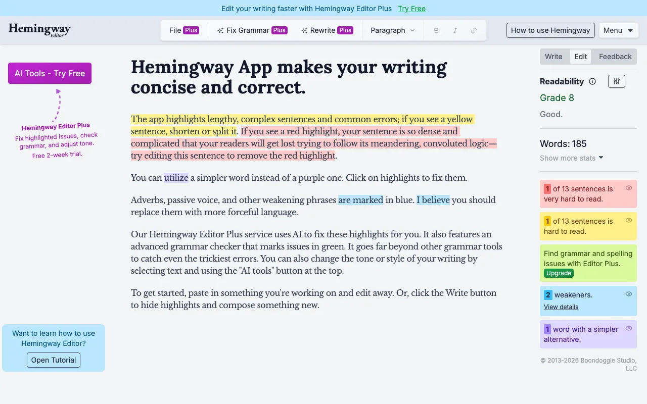 Hemingway Editor homepage screenshot