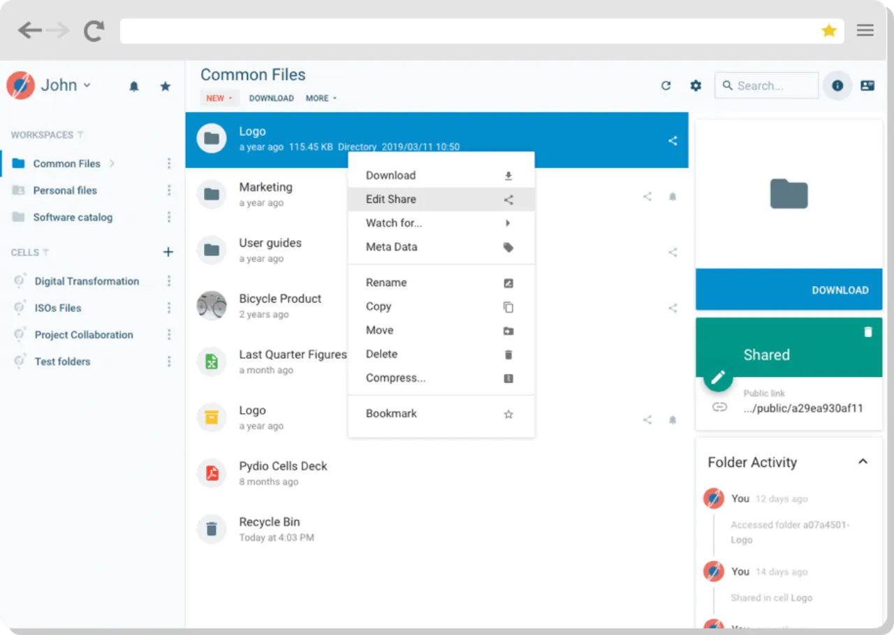 Pydio File sharing and collaboration interface on homepage screenshot 2026